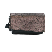 Load image into Gallery viewer, A metallic leather waist bag with a crackled texture, featuring a black leather trim and a magnetic closure. The bag has an adjustable strap and appears to be standing upright on a plain background.