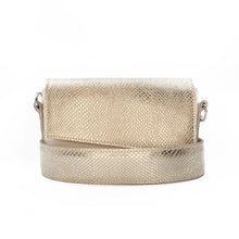 Încărcați imaginea în vizualizatorul Galeriei, Gold metallic handbag with textured surface on a white background

