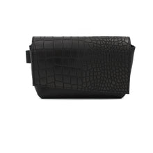 Încărcați imaginea în vizualizatorul Galeriei, Black leather waist bag with a crocodile pattern, featuring a flat profile and a magnetic closure.
